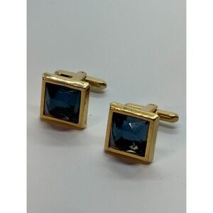 Vintage Cuff Links Gold Tone Blue Acrylic Decor‎ Signed Hickok